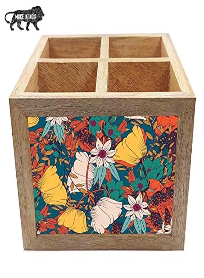 Nutcase Wooden Cutlery Stand Holder Silverware Caddy Spoons Forks Knives Organizer for Dining Table & Kitchen -Made in India-Spoons NOT Included - Rust Flowers - Image 4